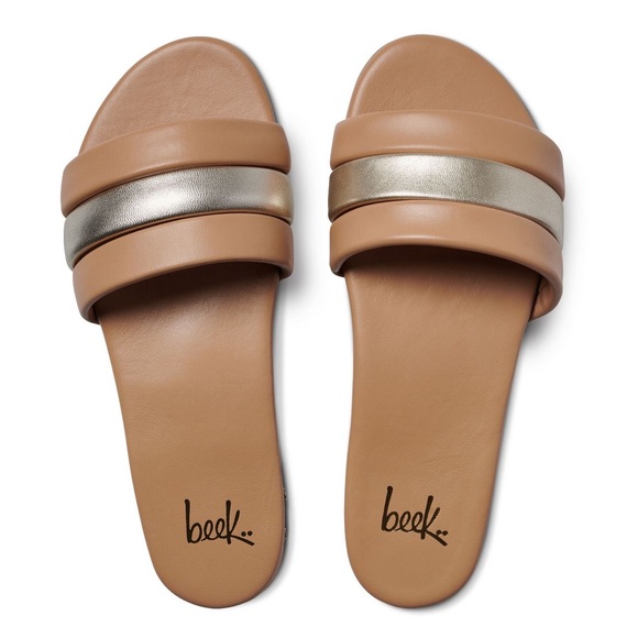 NIB Beek Calibird Honey Brown Platinum Leather Slide Sandals 9 Anthropologie - Picture 1 of 4